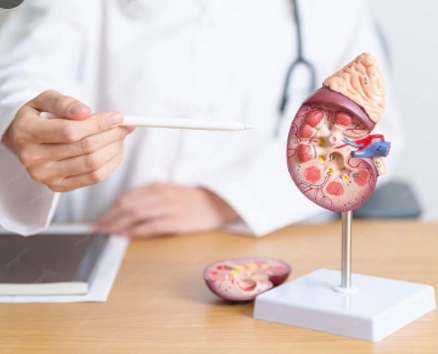 Doctor pointing at human kidney model showing internal anatomy and adrenal gland
