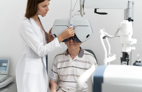 Optometrist performing eye exam using phoropter on elderly man in clinic.