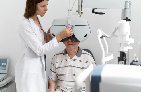 Optometrist performing eye exam using phoropter on elderly man in clinic